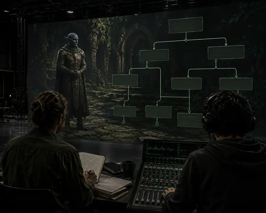 Game development scene representing scripted character dialogue